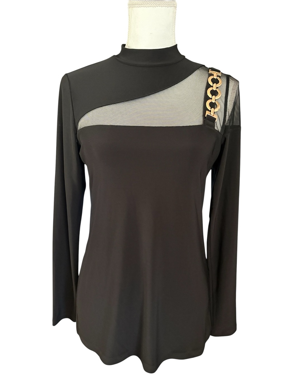 Artex Fashions Mesh Cutout Long Sleeve Top with Gold Chain Accent Size S